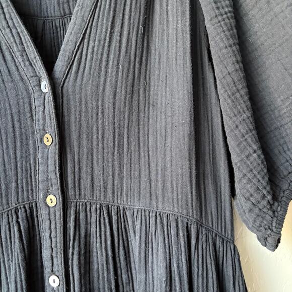 Xirena Dress Lennox Black Gauze Button Front Short Sleeve Tiered Midi Dress Sz M - Picture 4 of 9